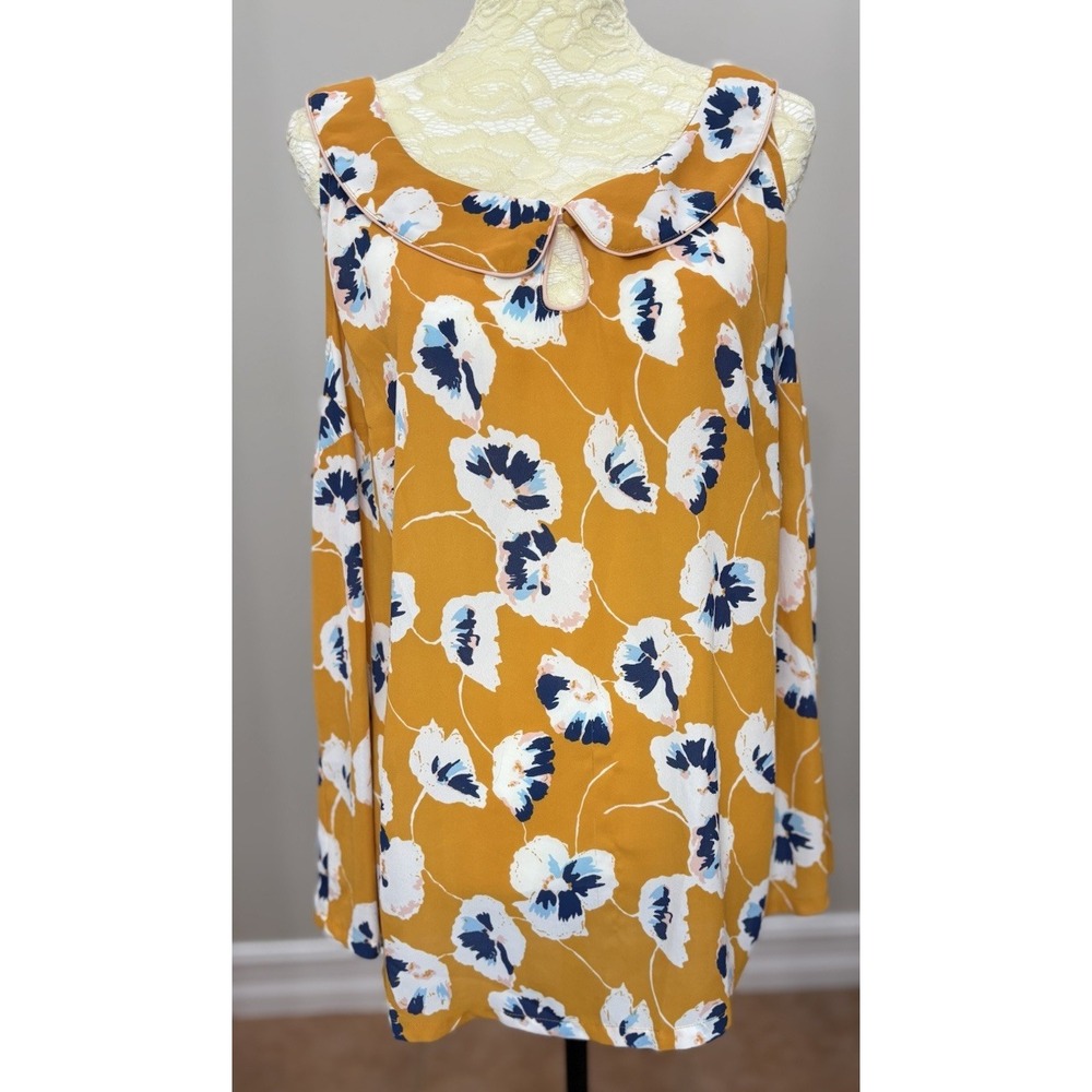 ModCloth Womens 2X Yellow Floral V Neck Sleeveless Blouse Plus Size Retro Boho